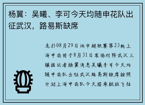 杨翼：吴曦、李可今天均随申花队出征武汉，路易斯缺席